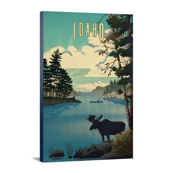 Idaho, Moose and Lake Lithograph, Stretched Canvas Canvas Lantern Press 