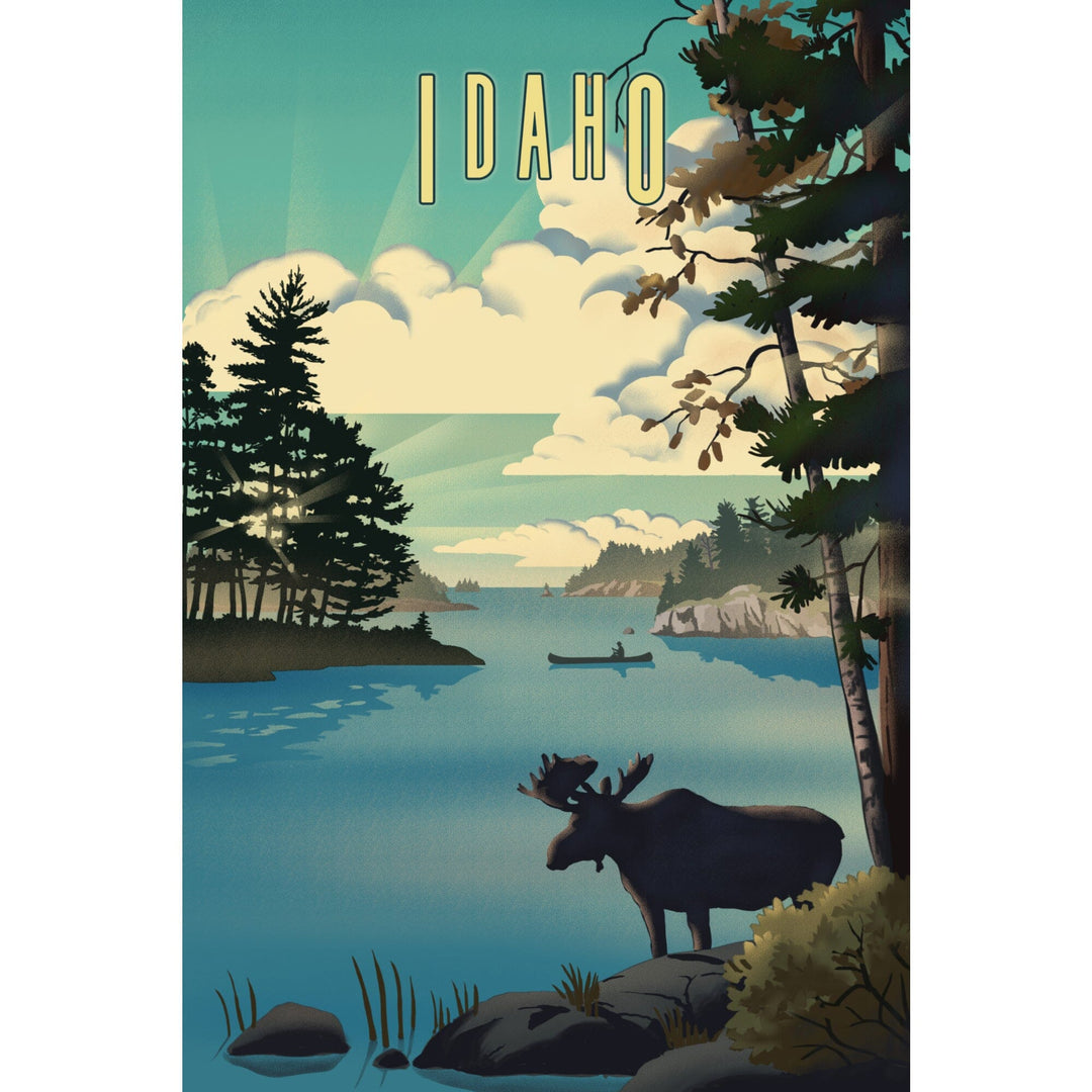 Idaho, Moose and Lake Lithograph, Stretched Canvas Canvas Lantern Press 