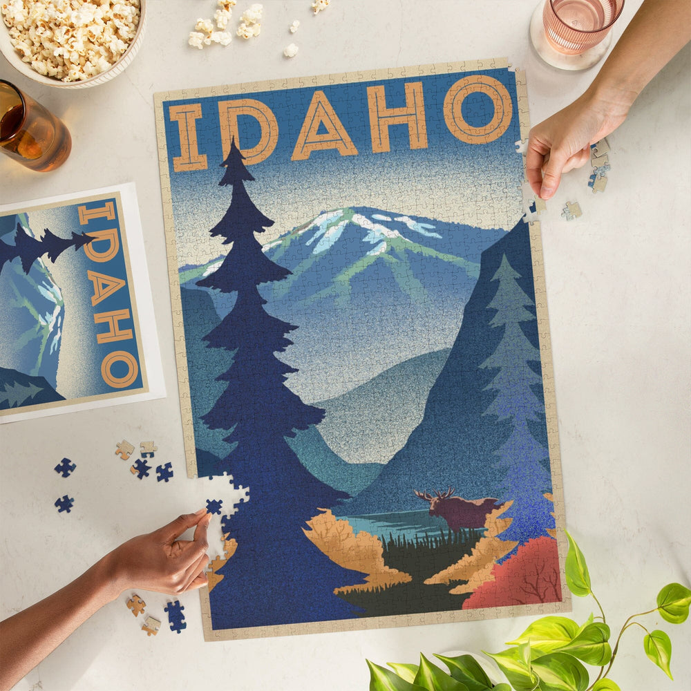 Idaho, Moose and Mountain, Lithograph, Jigsaw Puzzle Puzzle Lantern Press 
