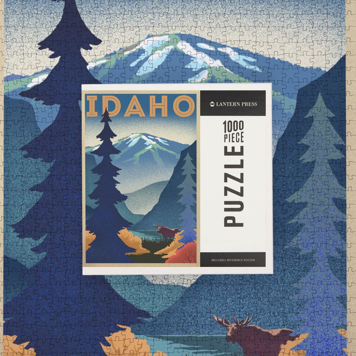 Idaho, Moose and Mountain, Lithograph, Jigsaw Puzzle Puzzle Lantern Press 