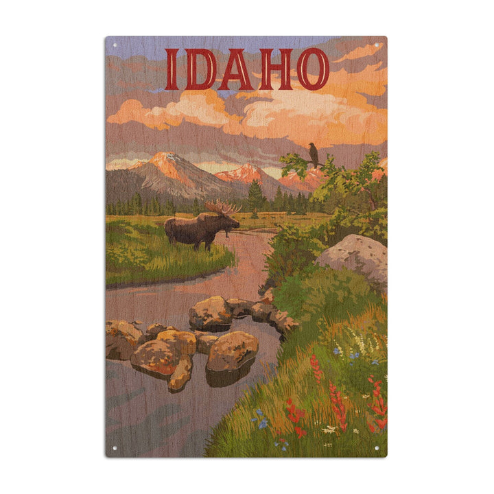 Idaho, Moose & Mountain at Sunset, Lantern Press Artwork, Wood Signs and Postcards Wood Lantern Press 10 x 15 Wood Sign 