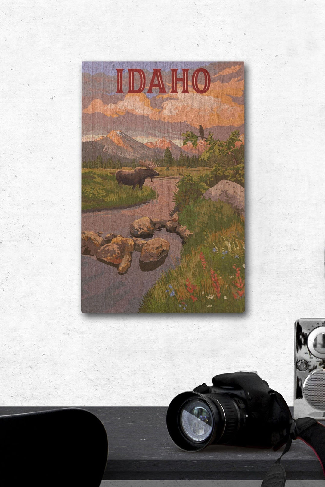 Idaho, Moose & Mountain at Sunset, Lantern Press Artwork, Wood Signs and Postcards Wood Lantern Press 12 x 18 Wood Gallery Print 
