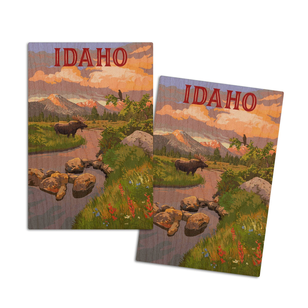 Idaho, Moose & Mountain at Sunset, Lantern Press Artwork, Wood Signs and Postcards Wood Lantern Press 4x6 Wood Postcard Set 