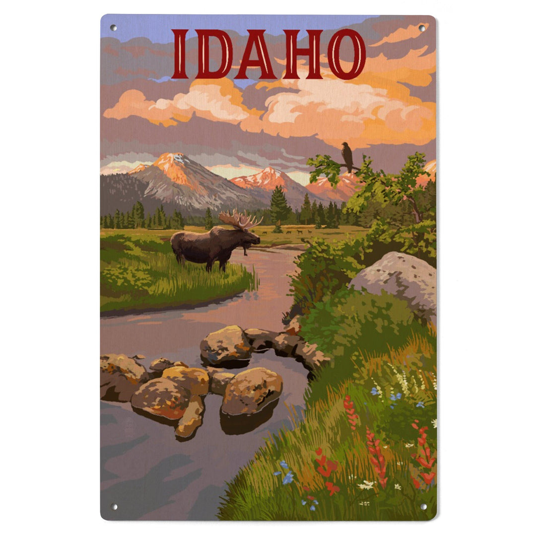 Idaho, Moose & Mountain at Sunset, Lantern Press Artwork, Wood Signs and Postcards Wood Lantern Press 