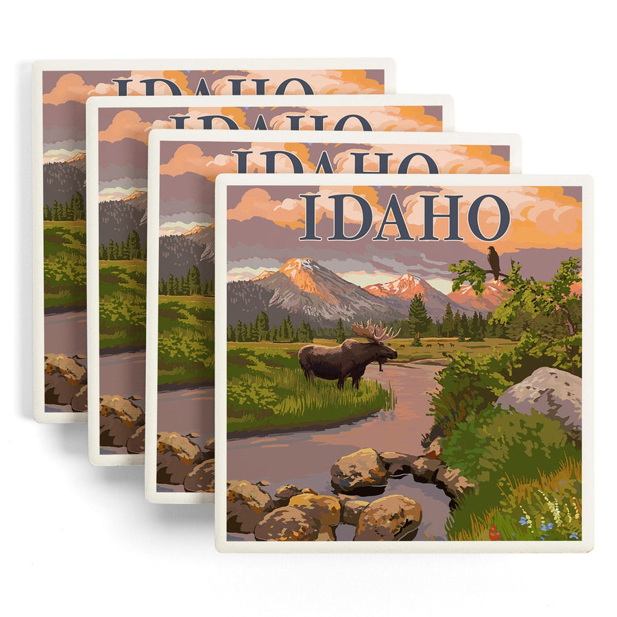 Idaho, Moose & Mountain Stream at Sunset, Lantern Press Artwork, Coaster Set - Lantern Press