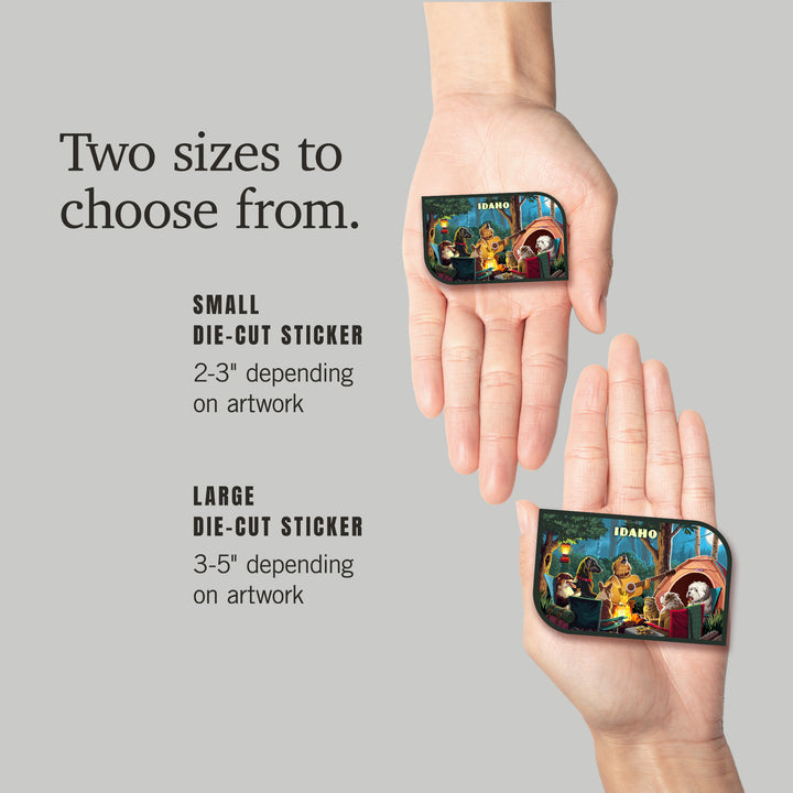 Idaho, Painterly, Pack Life, Dogs Around Campfire, Vinyl Sticker Sticker Lantern Press 