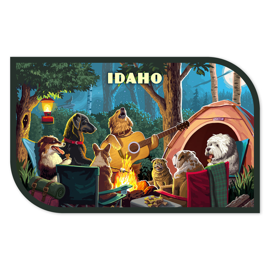 Idaho, Painterly, Pack Life, Dogs Around Campfire, Vinyl Sticker Sticker Lantern Press 