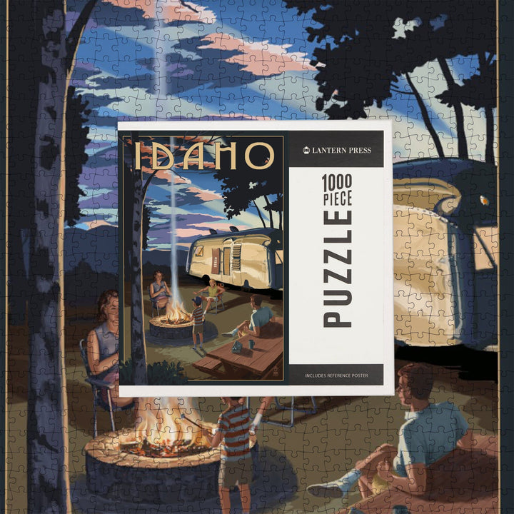 Idaho, Retro Camper and Mountains, Jigsaw Puzzle Puzzle Lantern Press 