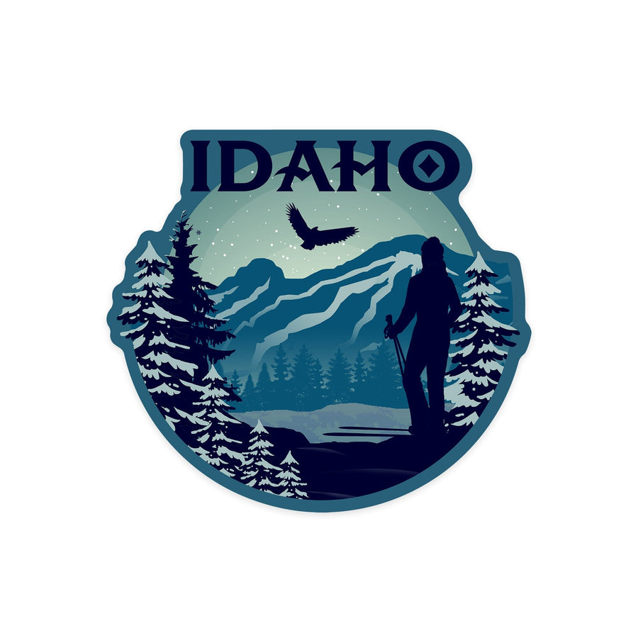 Idaho, Skier and Mountain, Contour, Vinyl Sticker - Lantern Press