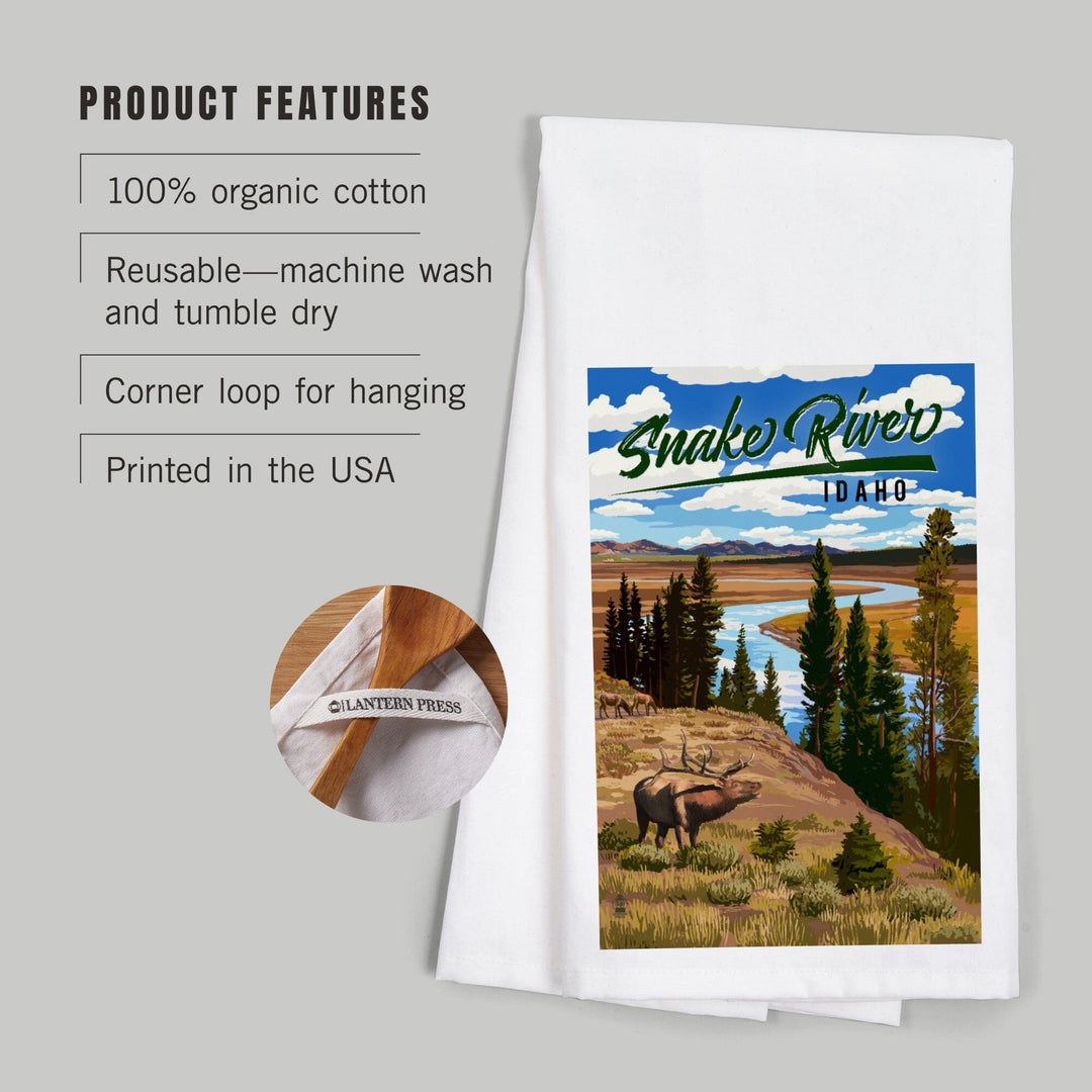 Idaho, Snake River and Elk, Organic Cotton Kitchen Tea Towels Kitchen Lantern Press 