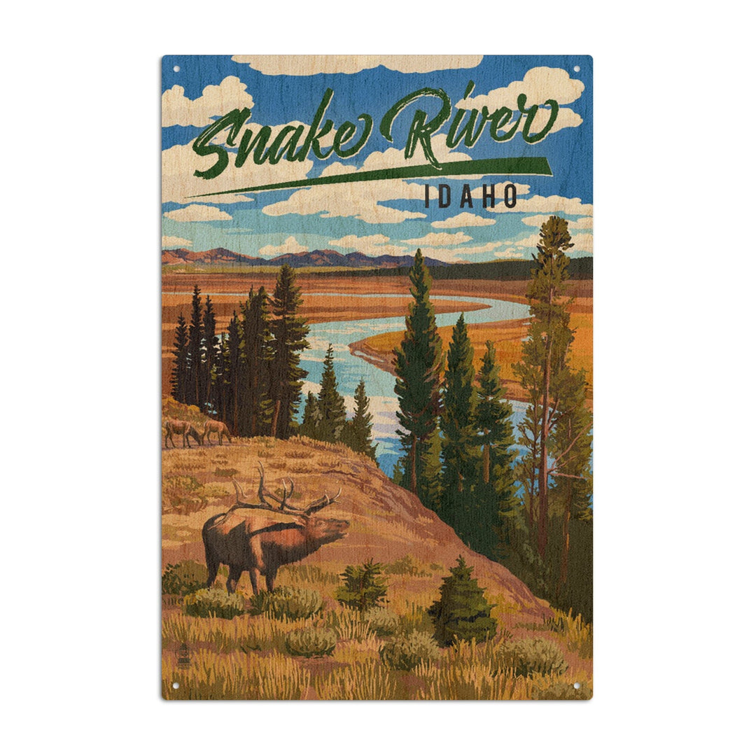 Idaho, Snake River & Elk, Lantern Press Artwork, Wood Signs and Postcards Wood Lantern Press 10 x 15 Wood Sign 