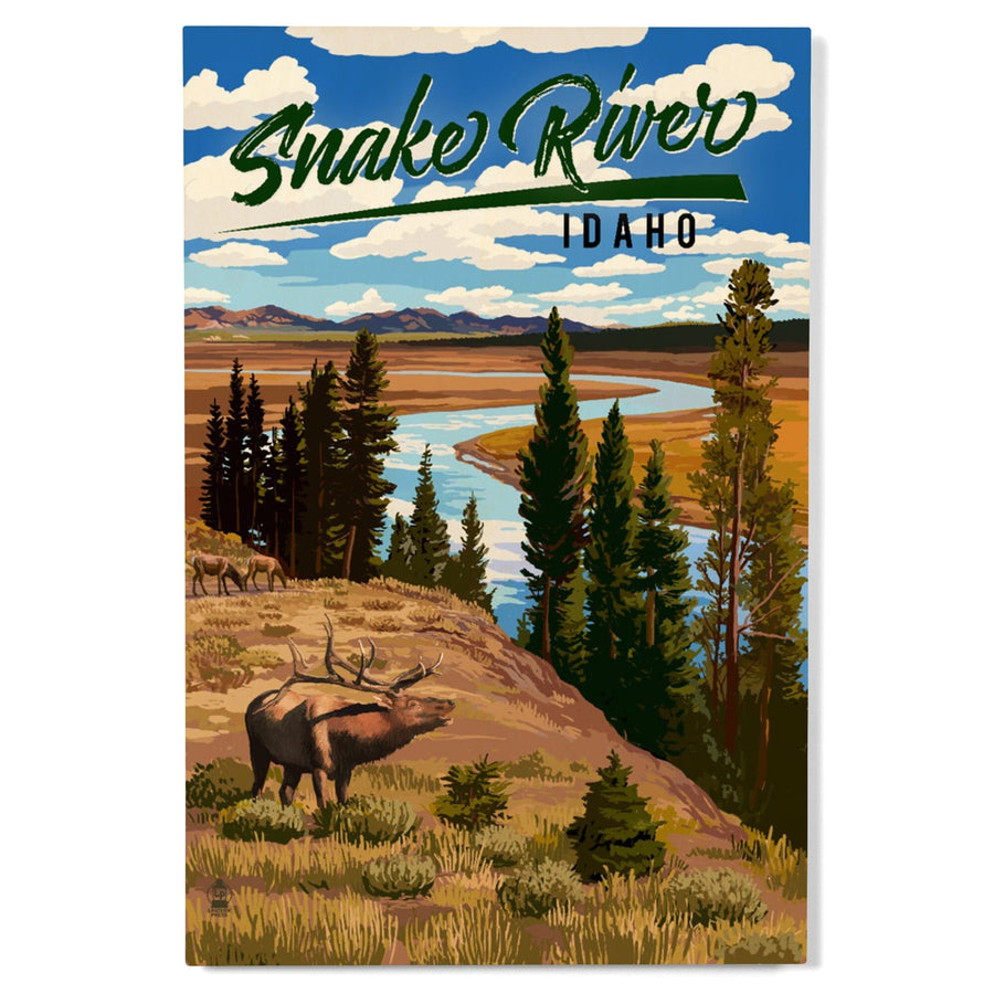 Idaho, Snake River & Elk, Lantern Press Artwork, Wood Signs and Postcards Wood Lantern Press 