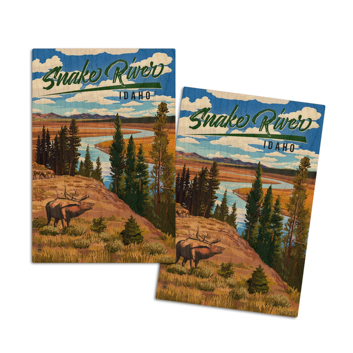 Idaho, Snake River & Elk, Lantern Press Artwork, Wood Signs and Postcards Wood Lantern Press 4x6 Wood Postcard Set 