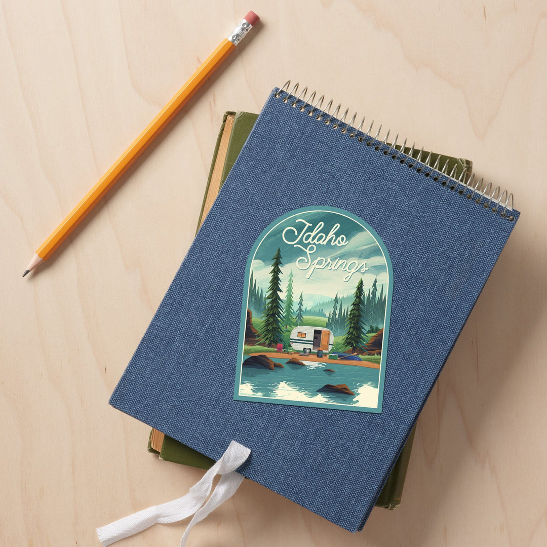 Idaho Springs, Colorado, Outdoor Activity, At Home Anywhere, Camper in Evergreens, Contour, Vinyl Sticker Sticker Lantern Press 