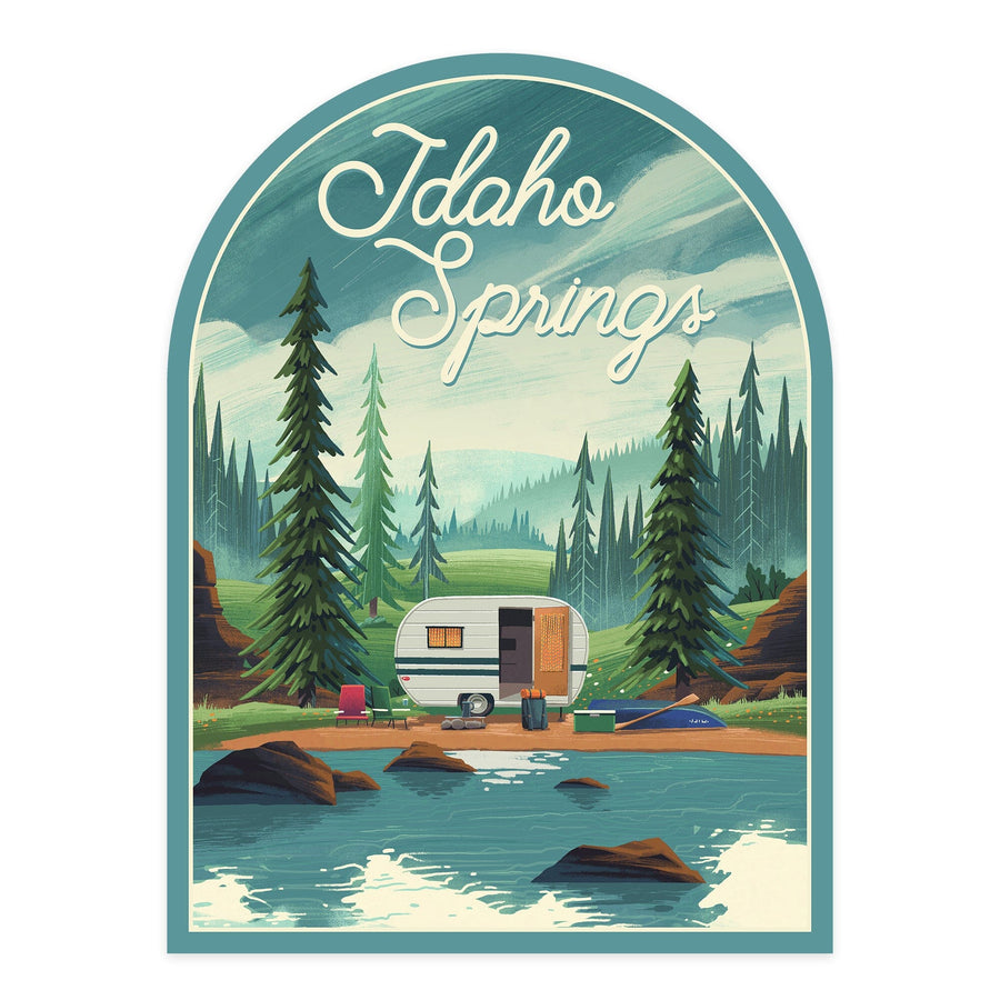 Idaho Springs, Colorado, Outdoor Activity, At Home Anywhere, Camper in Evergreens, Contour, Vinyl Sticker Sticker Lantern Press 