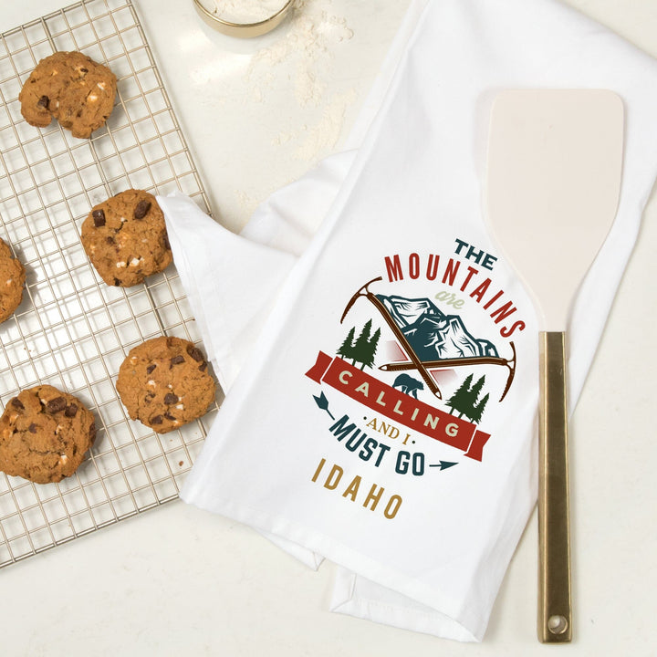 Idaho, The Mountains are Calling, Bear and Mountains, Contour, Organic Cotton Kitchen Tea Towels Kitchen Lantern Press 