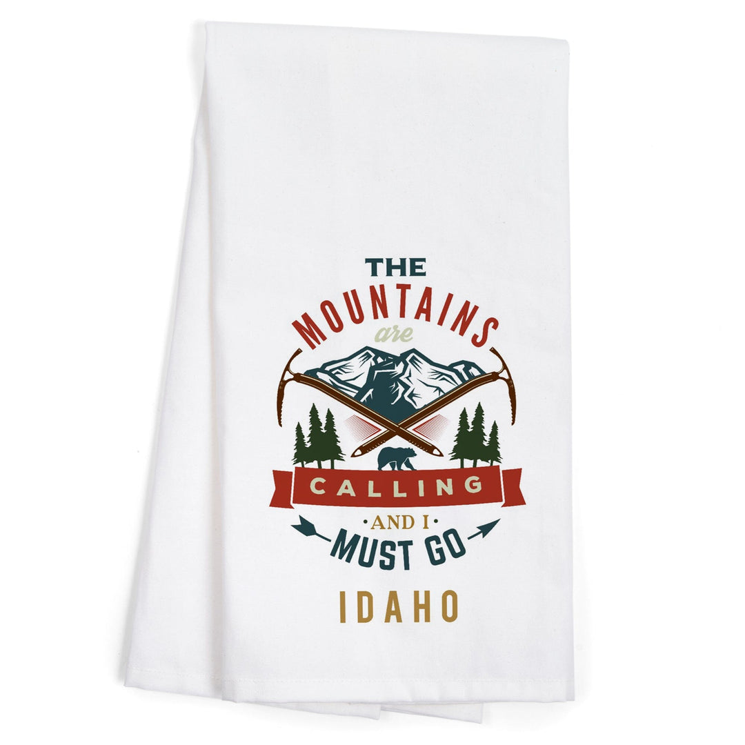 Idaho, The Mountains are Calling, Bear and Mountains, Contour, Organic Cotton Kitchen Tea Towels Kitchen Lantern Press 