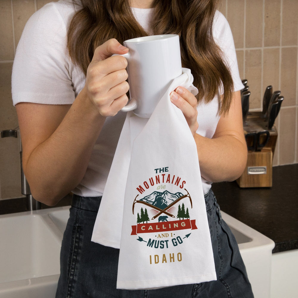 Idaho, The Mountains are Calling, Bear and Mountains, Contour, Organic Cotton Kitchen Tea Towels Kitchen Lantern Press 