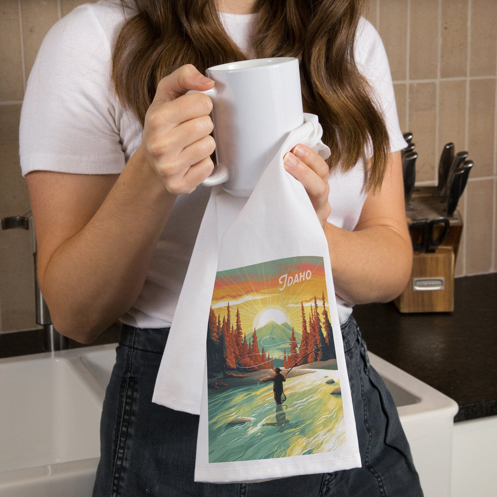 Idaho, This is Living, Fishing with Mountain, Organic Cotton Kitchen Tea Towels Kitchen Lantern Press 