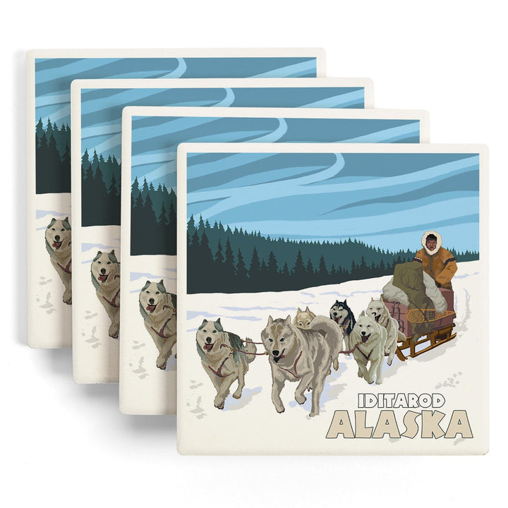Iditarod, Alaska, Dog Sledding Scene, Coasters Coasters Lantern Press 