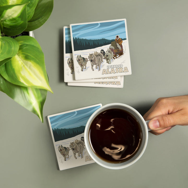Iditarod, Alaska, Dog Sledding Scene, Coasters Coasters Lantern Press 