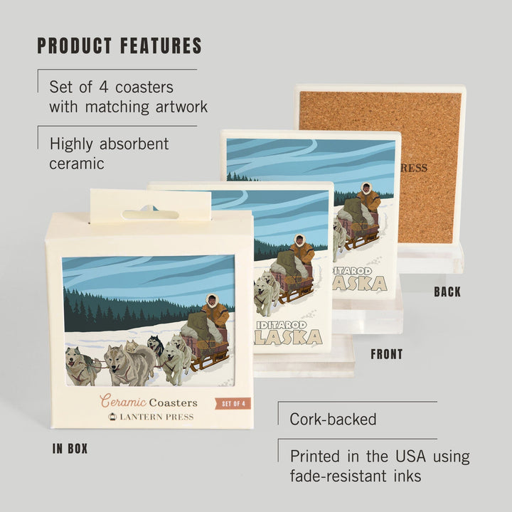 Iditarod, Alaska, Dog Sledding Scene, Coasters Coasters Lantern Press 