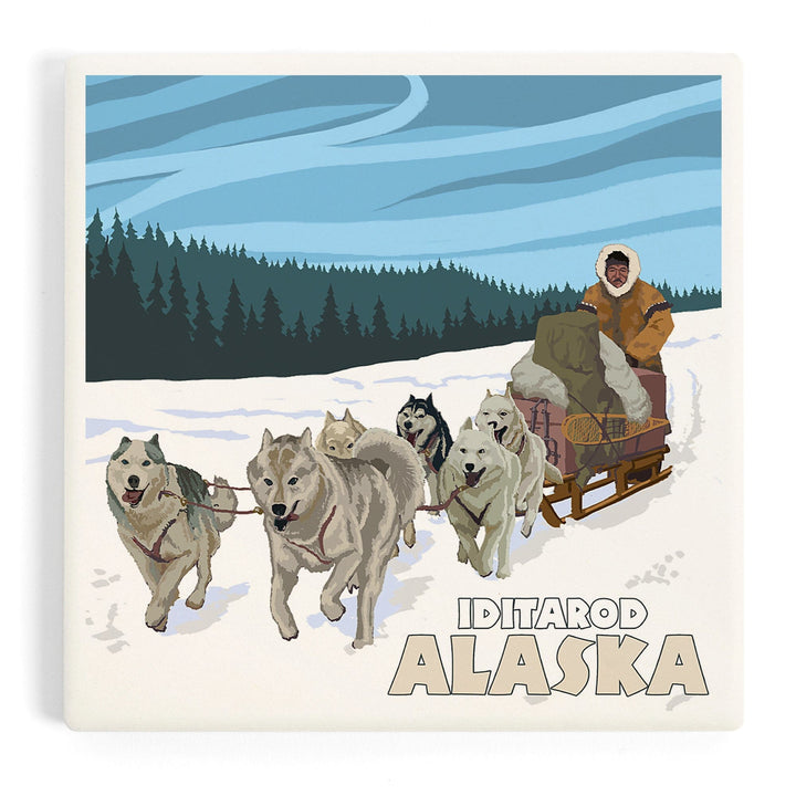 Iditarod, Alaska, Dog Sledding Scene, Coasters Coasters Lantern Press 