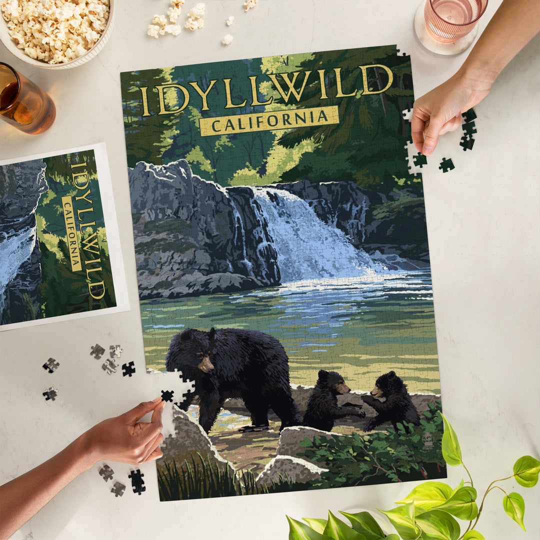 Idyllwild, California, Bear Family and Waterfall, Jigsaw Puzzle Puzzle Lantern Press 