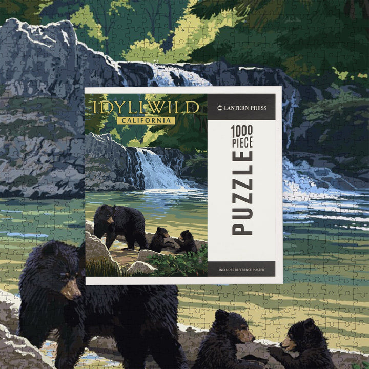 Idyllwild, California, Bear Family and Waterfall, Jigsaw Puzzle Puzzle Lantern Press 