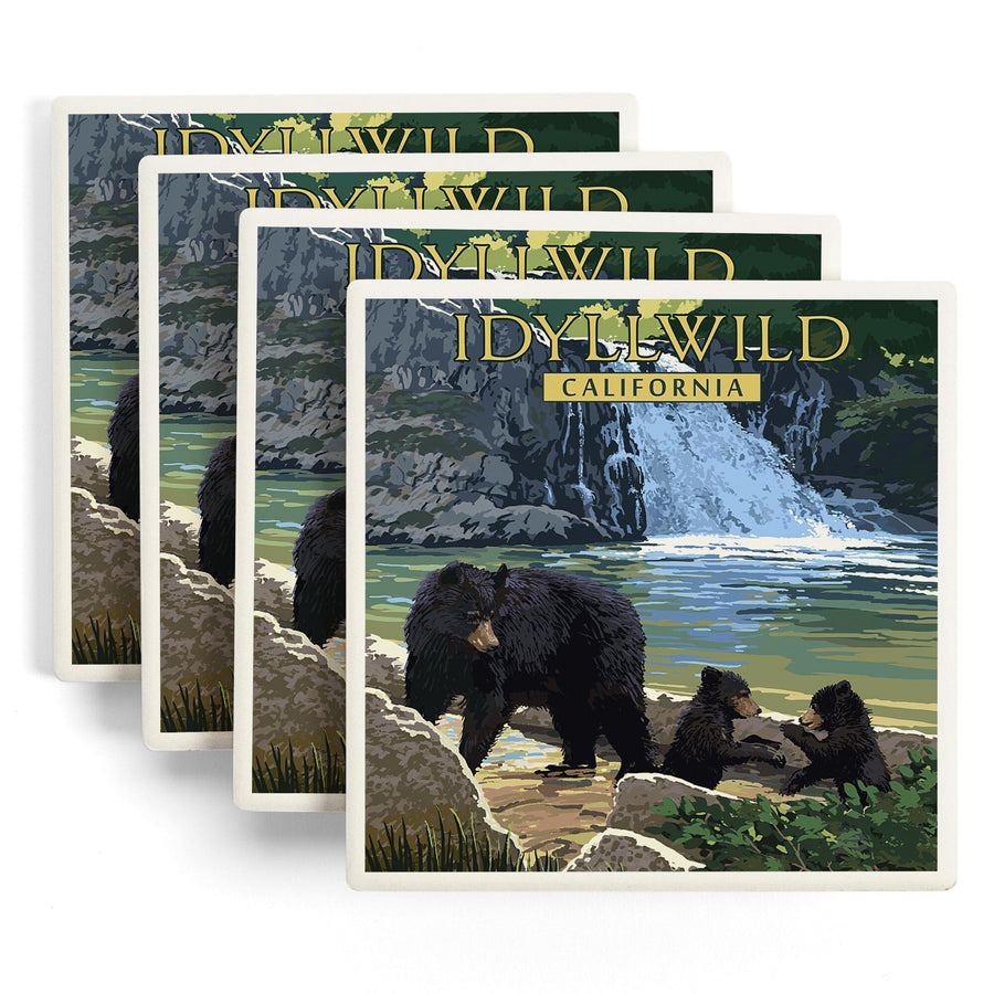 Idyllwild, California, Bear Family & Waterfall, Lantern Press Artwork, Coaster Set - Lantern Press