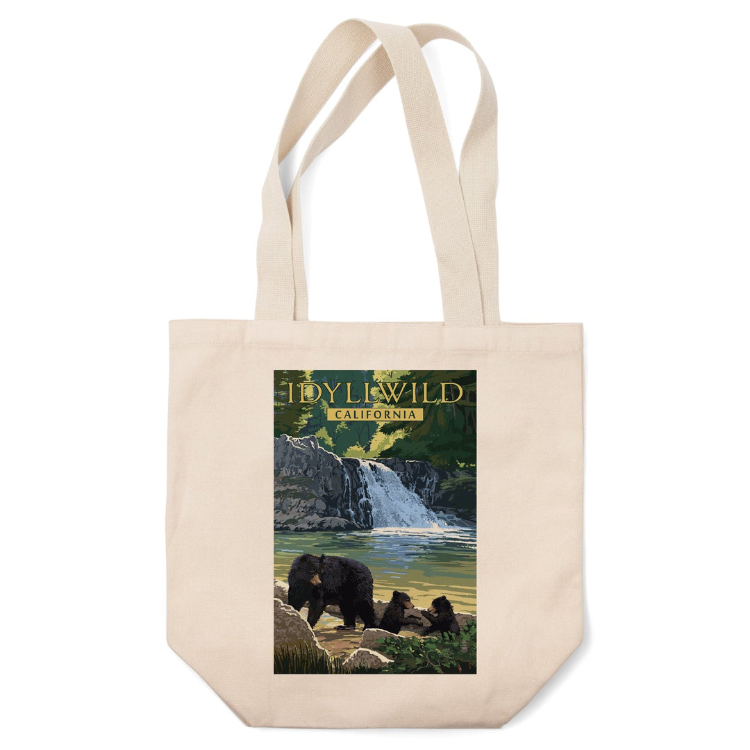 Idyllwild, California, Bear Family & Waterfall, Lantern Press Artwork, Tote Bag - Lantern Press