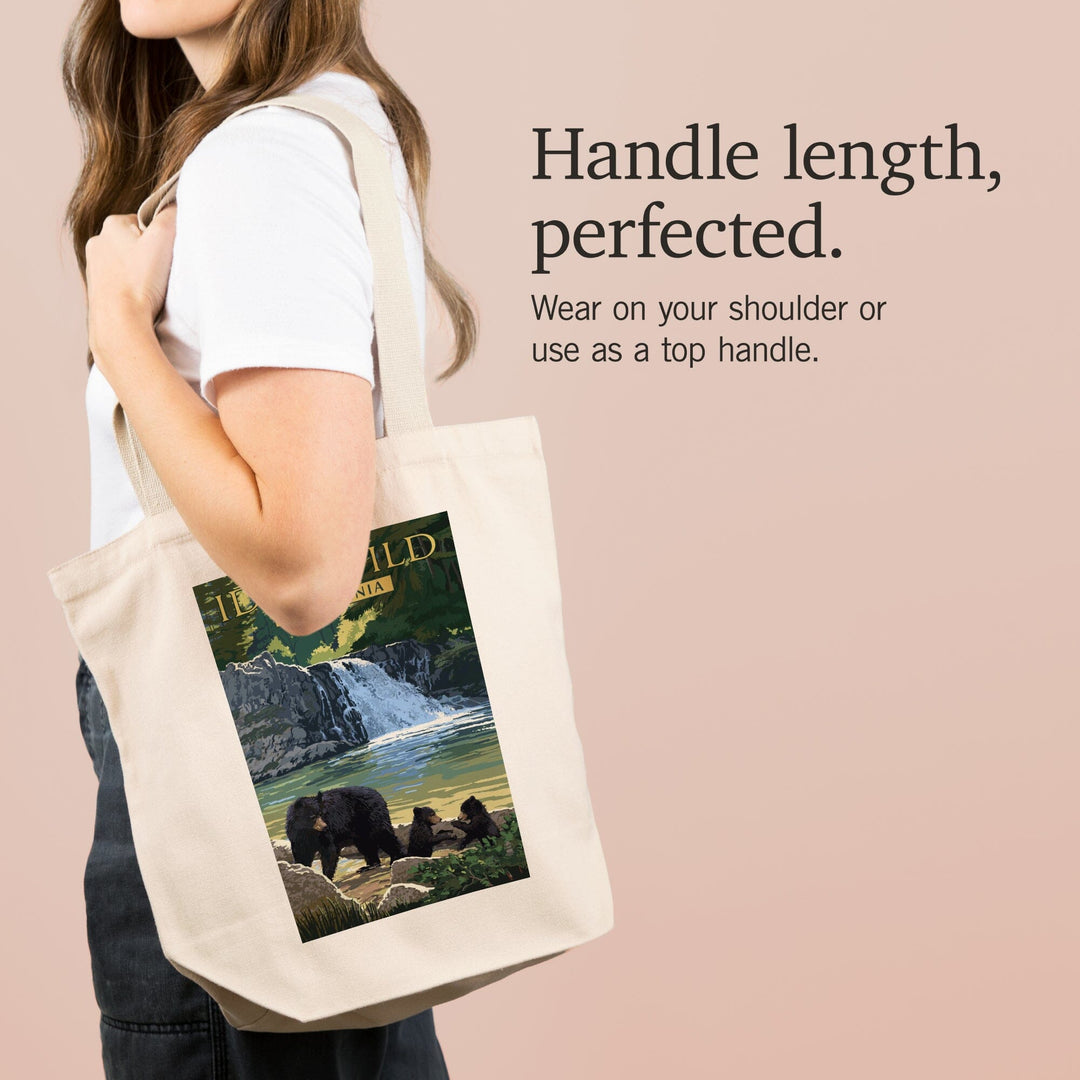 Idyllwild, California, Bear Family & Waterfall, Lantern Press Artwork, Tote Bag - Lantern Press