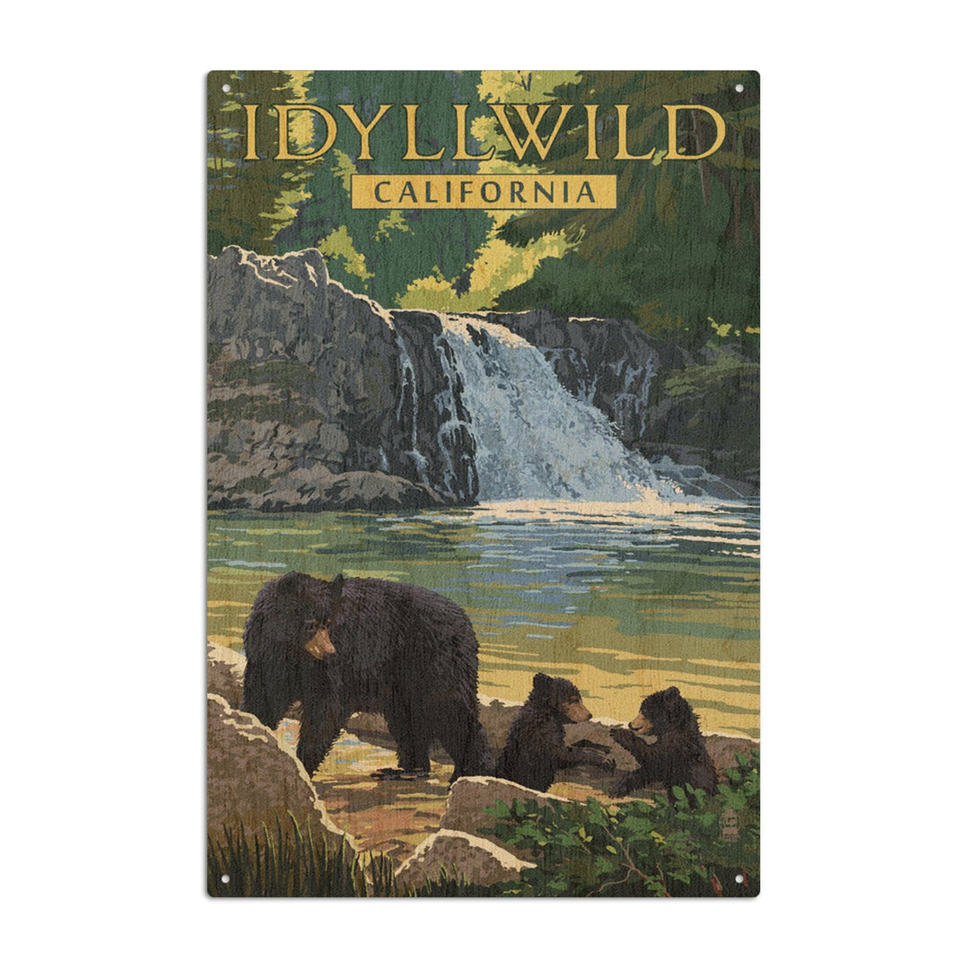 Idyllwild, California, Bear Family & Waterfall, Lantern Press Artwork, Wood Signs and Postcards - Lantern Press