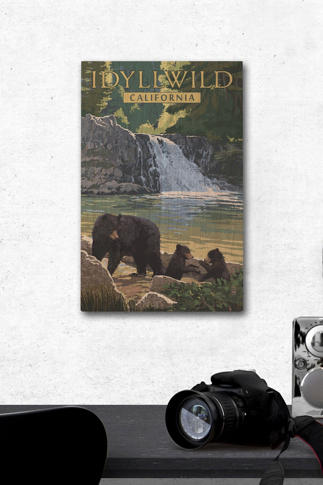 Idyllwild, California, Bear Family & Waterfall, Lantern Press Artwork, Wood Signs and Postcards Wood Lantern Press 12 x 18 Wood Gallery Print 