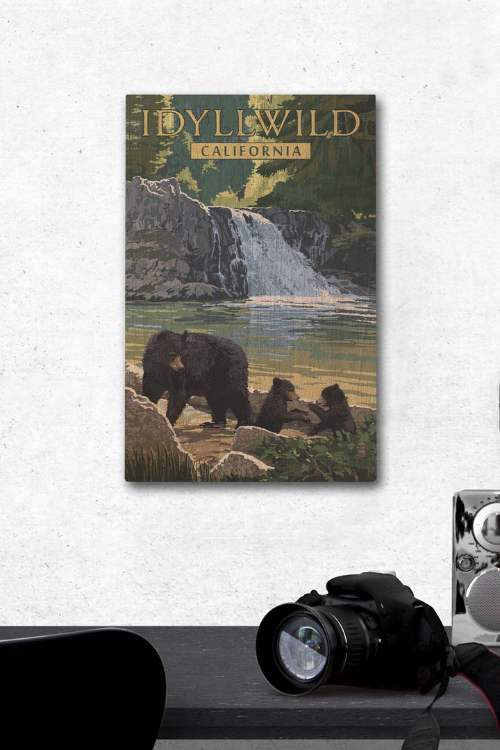 Idyllwild, California, Bear Family & Waterfall, Lantern Press Artwork, Wood Signs and Postcards - Lantern Press