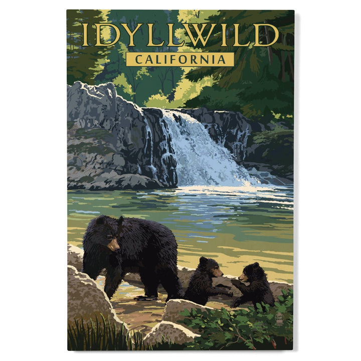 Idyllwild, California, Bear Family & Waterfall, Lantern Press Artwork, Wood Signs and Postcards - Lantern Press