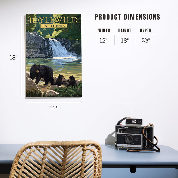 Idyllwild, California, Bear Family & Waterfall, Lantern Press Artwork, Wood Signs and Postcards - Lantern Press