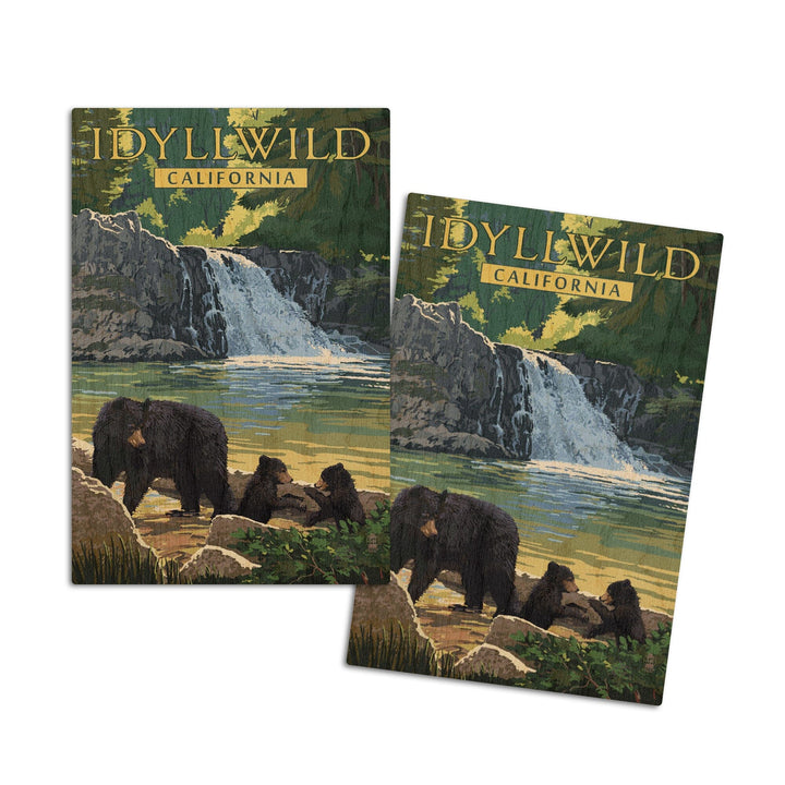 Idyllwild, California, Bear Family & Waterfall, Lantern Press Artwork, Wood Signs and Postcards Wood Lantern Press 4x6 Wood Postcard Set 