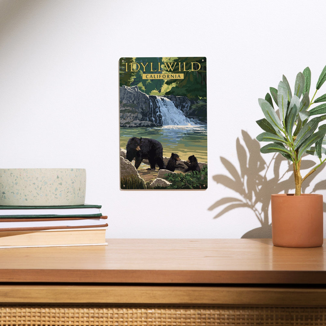 Idyllwild, California, Bear Family & Waterfall, Lantern Press Artwork, Wood Signs and Postcards - Lantern Press