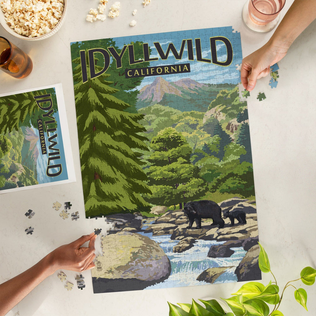 Idyllwild, California, Black Bears and Stream, Jigsaw Puzzle Puzzle Lantern Press 