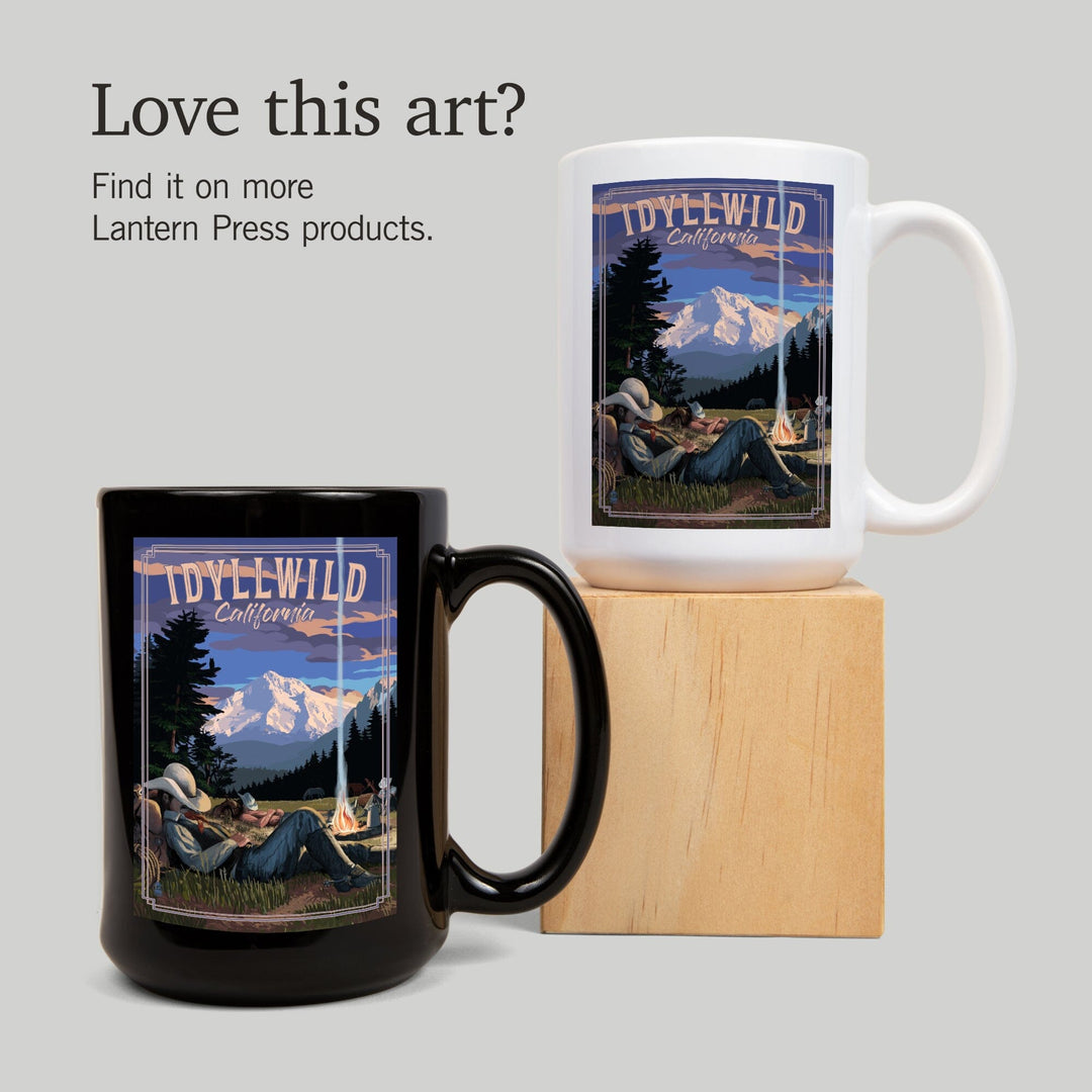 Idyllwild, California, Cowboy Camping Night Scene, Lantern Press Poster, Ceramic Mug Mugs Lantern Press 