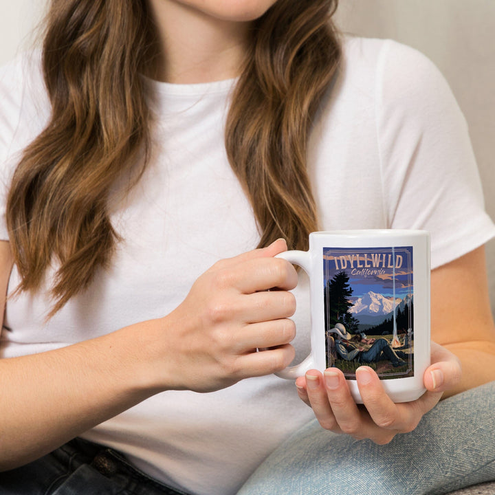 Idyllwild, California, Cowboy Camping Night Scene, Lantern Press Poster, Ceramic Mug - Lantern Press