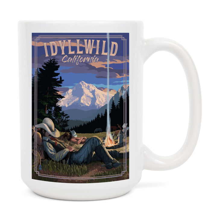Idyllwild, California, Cowboy Camping Night Scene, Lantern Press Poster, Ceramic Mug - Lantern Press