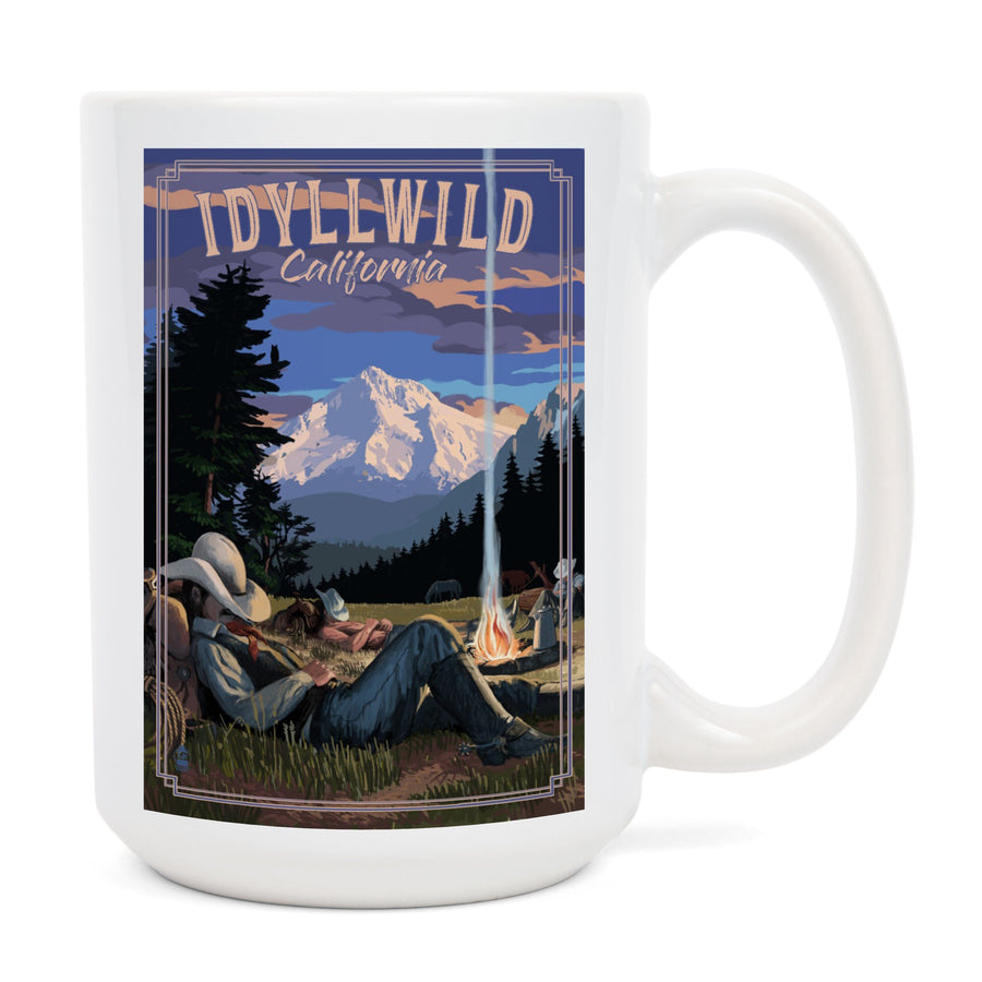 Idyllwild, California, Cowboy Camping Night Scene, Lantern Press Poster, Ceramic Mug Mugs Lantern Press 