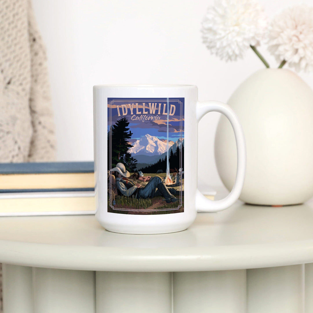 Idyllwild, California, Cowboy Camping Night Scene, Lantern Press Poster, Ceramic Mug Mugs Lantern Press 