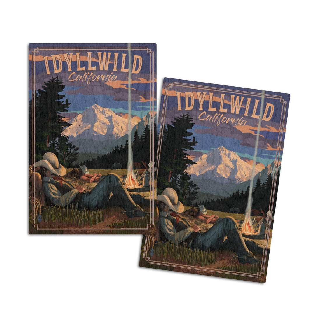 Idyllwild, California, Cowboy Camping Night Scene, Lantern Press Poster, Wood Signs and Postcards Wood Lantern Press 4x6 Wood Postcard Set 