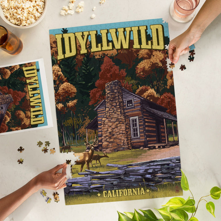 Idyllwild, California, Deer Family and Cabin Scene, Jigsaw Puzzle Puzzle Lantern Press 