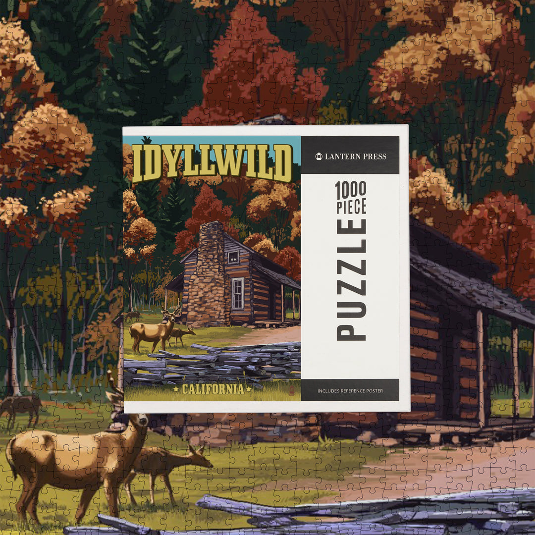 Idyllwild, California, Deer Family and Cabin Scene, Jigsaw Puzzle Puzzle Lantern Press 