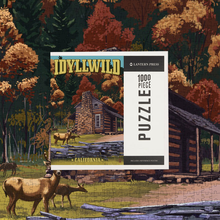 Idyllwild, California, Deer Family and Cabin Scene, Jigsaw Puzzle Puzzle Lantern Press 
