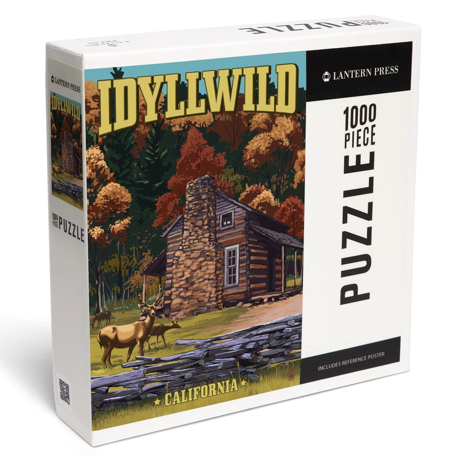 Idyllwild, California, Deer Family and Cabin Scene, Jigsaw Puzzle Puzzle Lantern Press 